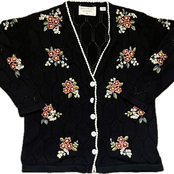 Marisa Christina Sweaters - Marisa‎ Christina Floral Embroidered Knit Cardigan Black Cottagecore Vintage M